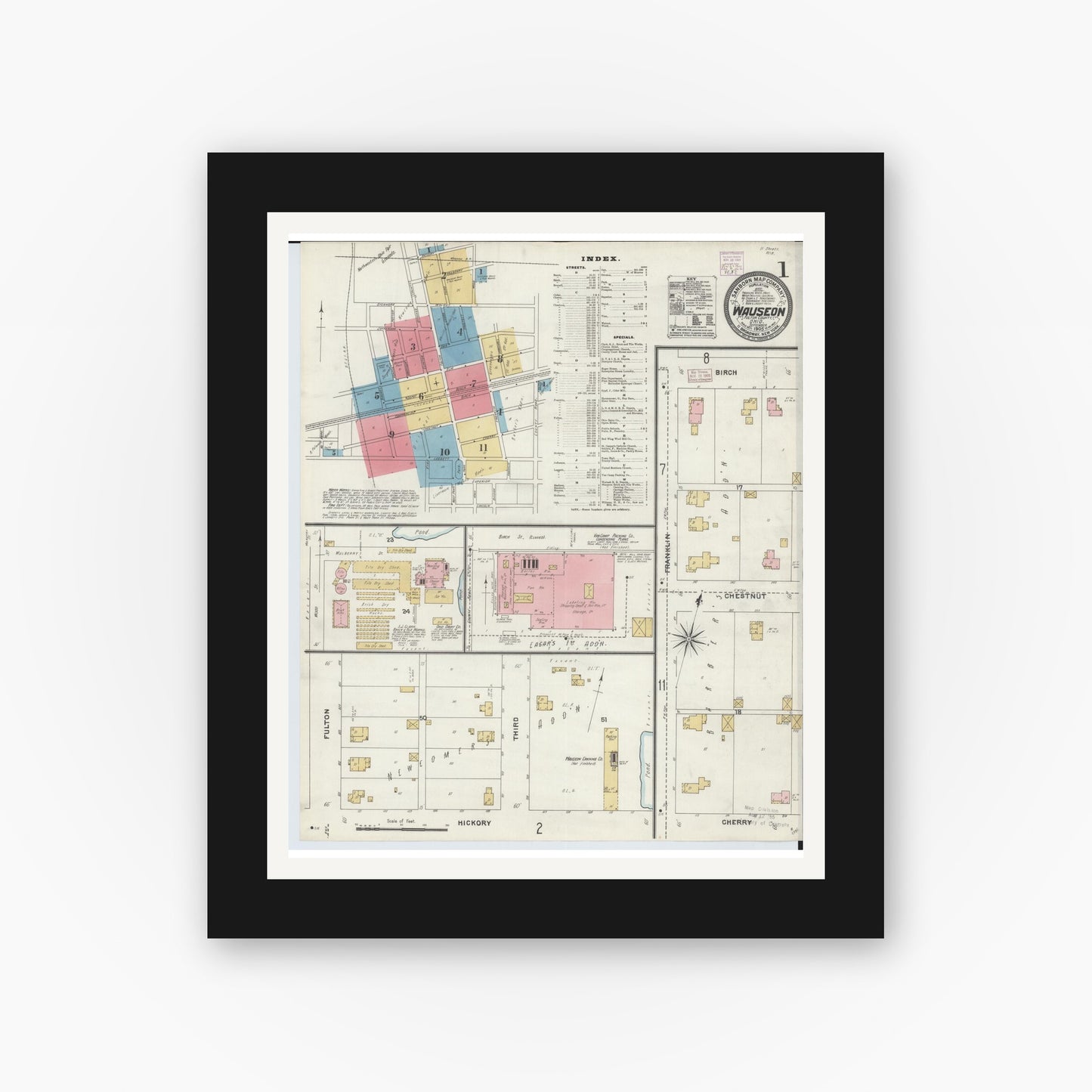 Old map wall art mockup — black gallery frame with white mat — Sanborn Fire Insurance Map from Wauseon, Fulton County, Ohio (1905), Sheet #0001