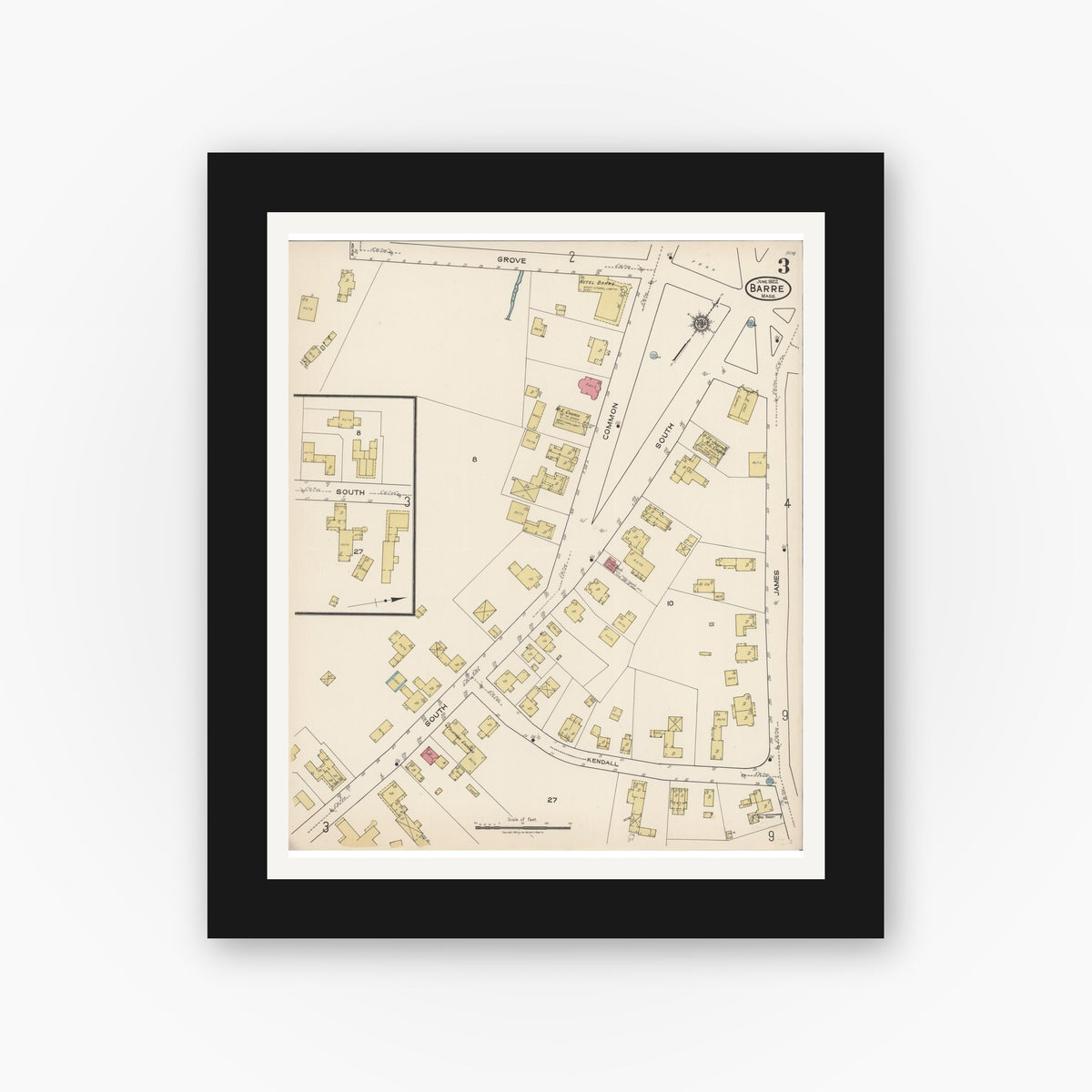 Old map wall art mockup — black gallery frame with white mat — Sanborn Fire Insurance Map from Barre, Worcester County, Massachusetts (1922), Sheet #0003