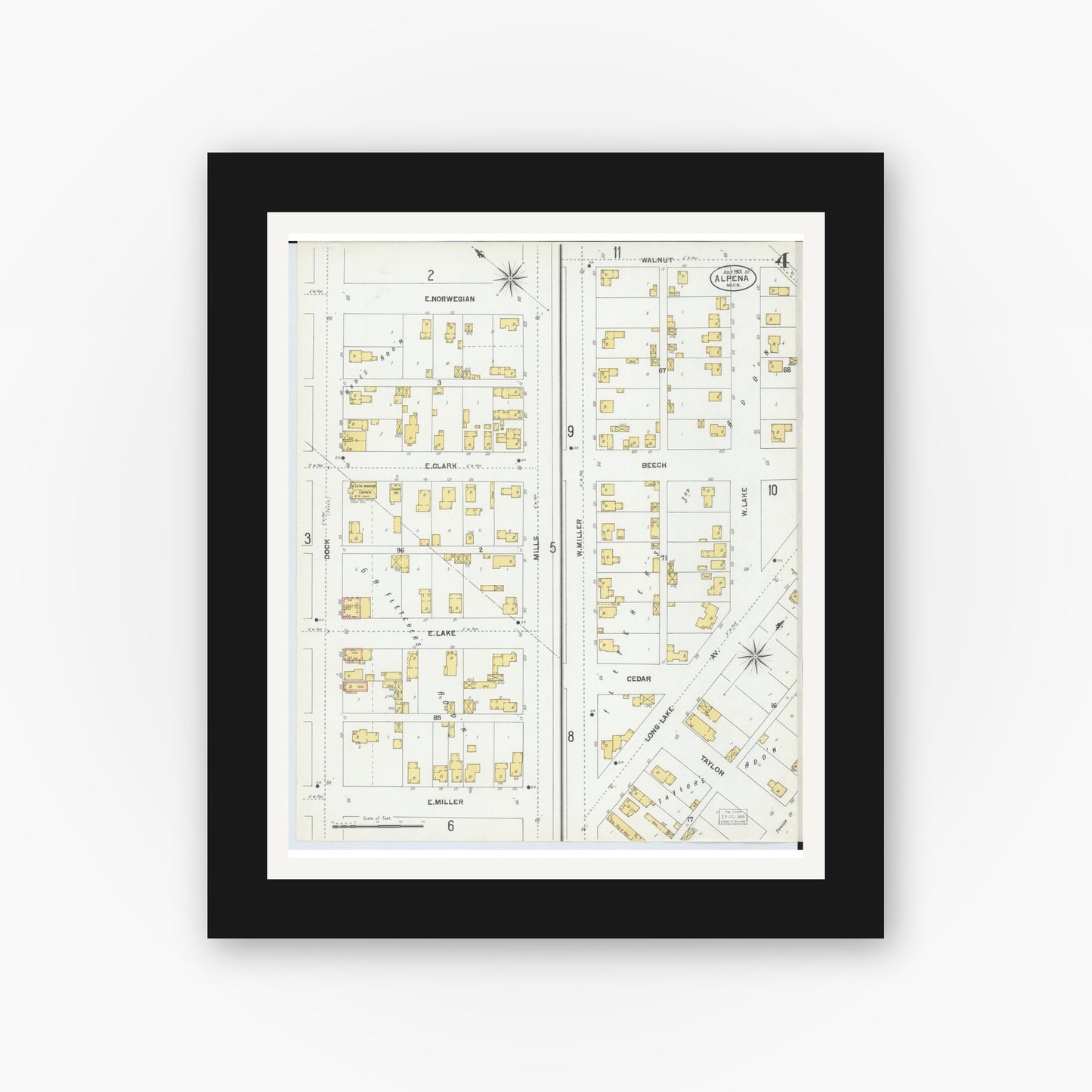 Old map wall art mockup — black gallery frame with white mat — Sanborn Fire Insurance Map from Alpena, Alpena County, Michigan (1901), Sheet #0004