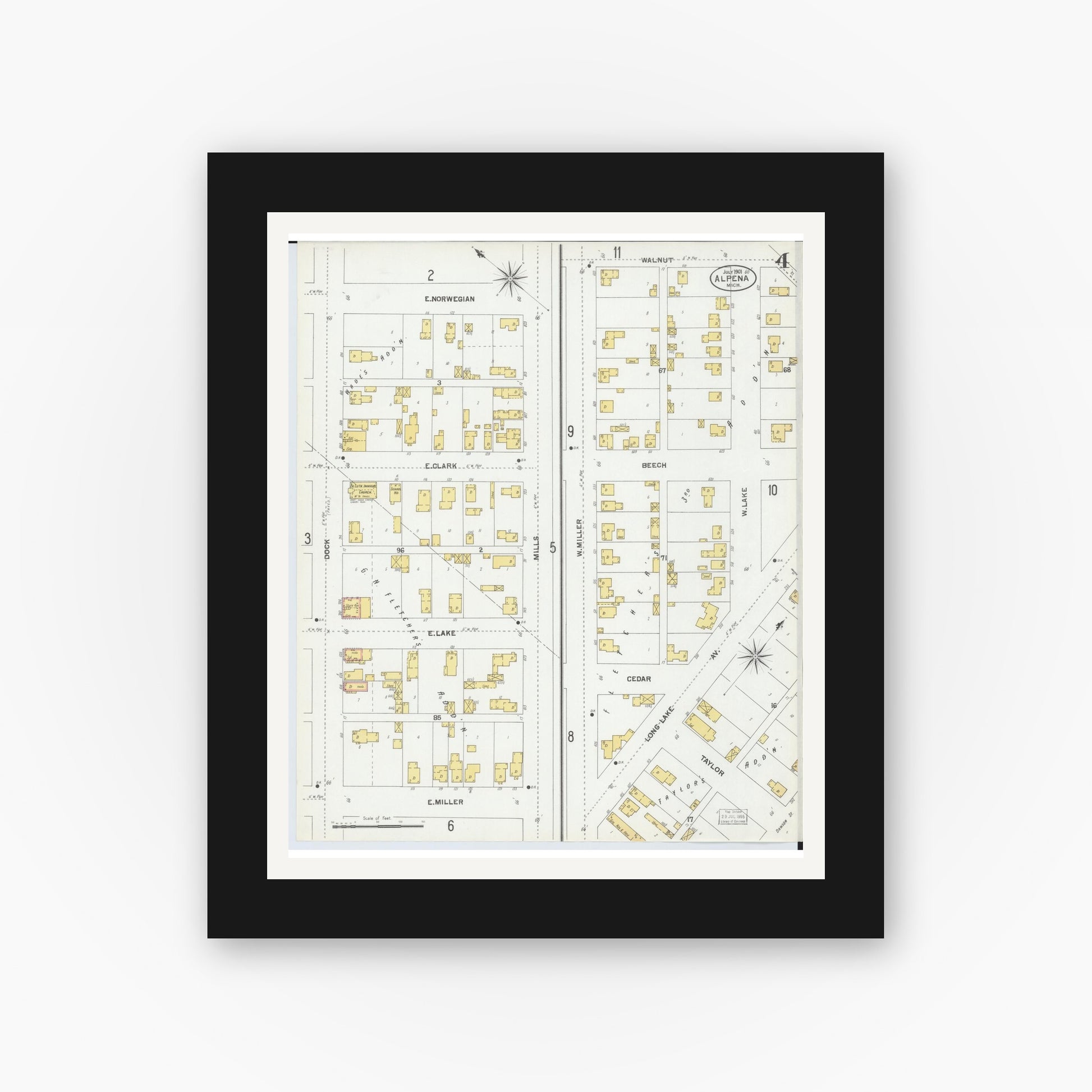 Old map wall art mockup — black gallery frame with white mat — Sanborn Fire Insurance Map from Alpena, Alpena County, Michigan (1901), Sheet #0004