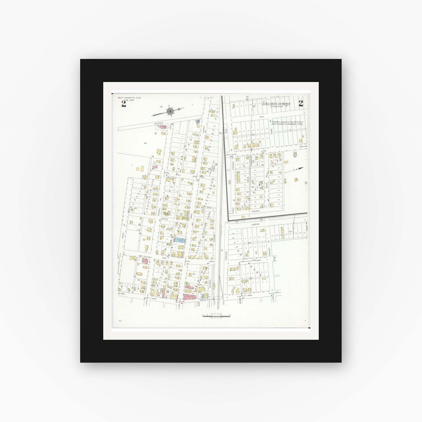 Old map wall art mockup — black gallery frame with white mat — Sanborn Fire Insurance Map from West Lafayette, Coshocton County, Ohio (1939), Sheet #0002