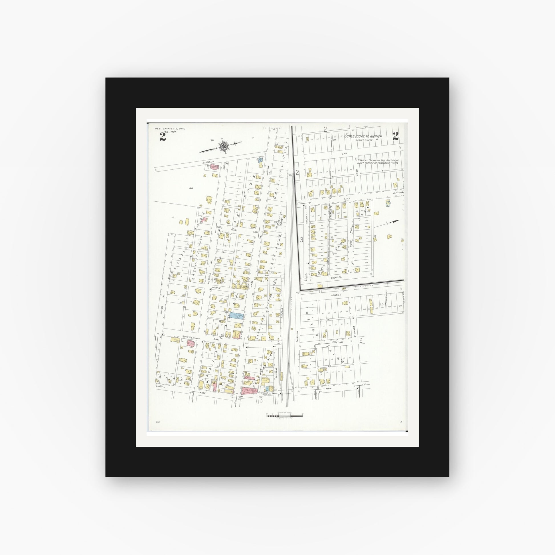 Old map wall art mockup — black gallery frame with white mat — Sanborn Fire Insurance Map from West Lafayette, Coshocton County, Ohio (1939), Sheet #0002