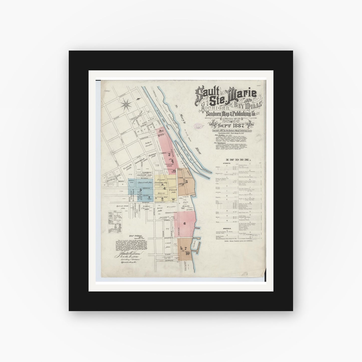 Old map wall art mockup — black gallery frame with white mat — Sanborn Fire Insurance Map from Sault Sainte Marie, Chippewa County, Michigan (1887) - Complete Map Set