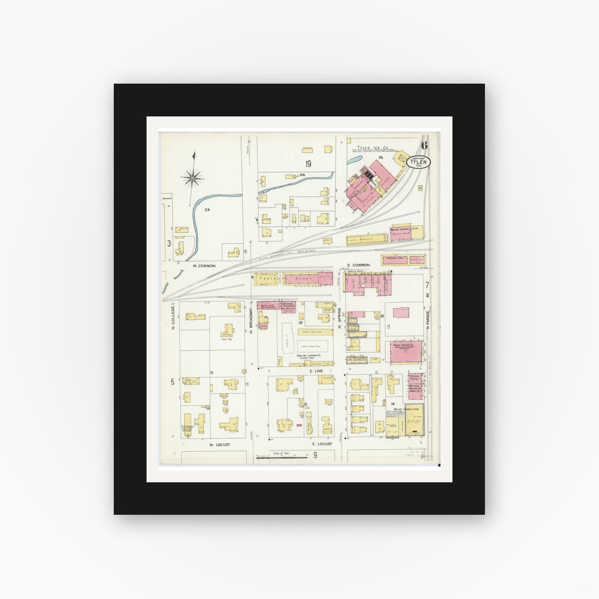 Old map wall art mockup — black gallery frame with white mat — Sanborn Fire Insurance Map from Tyler, Smith County, Texas (1907), Sheet #0006