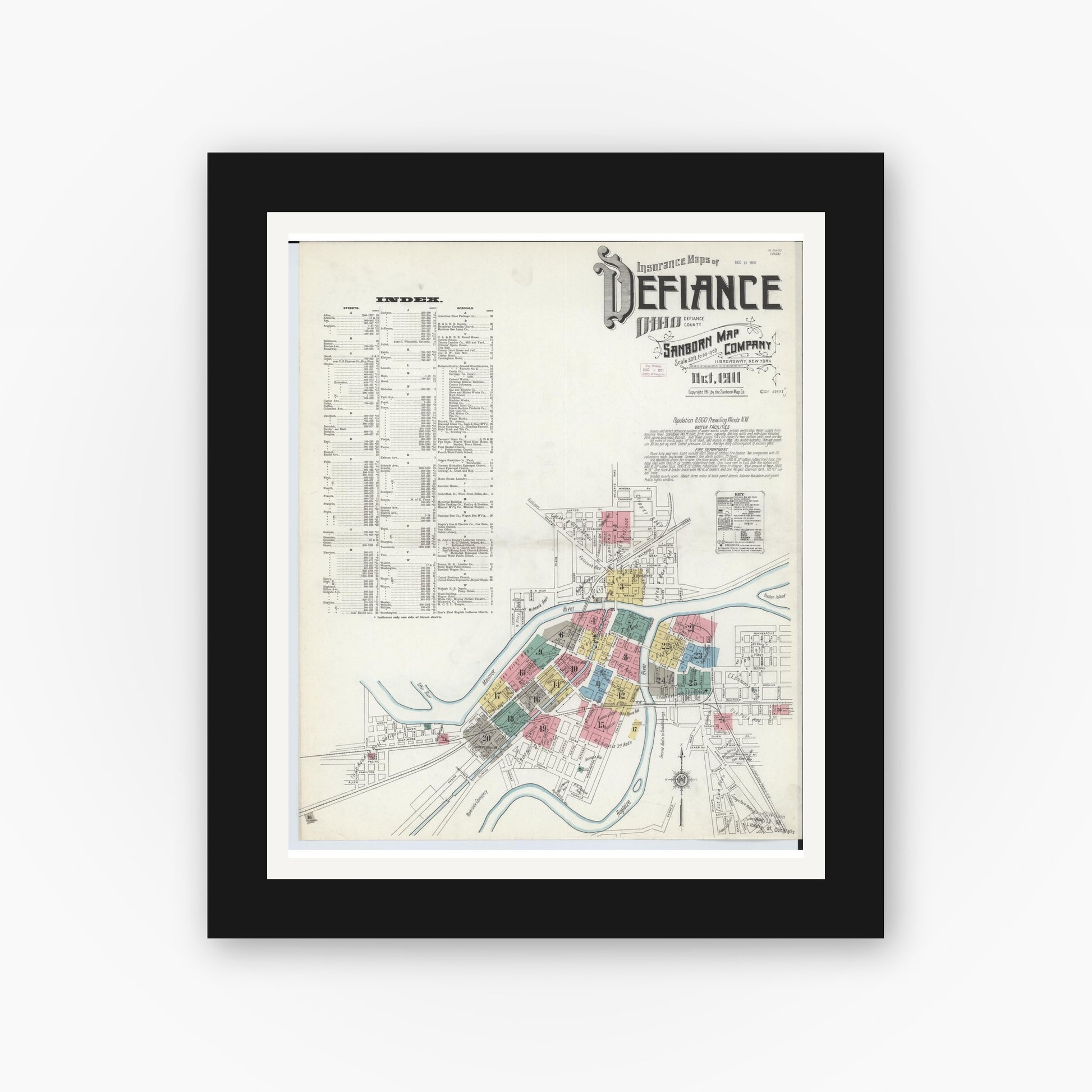 Old map wall art mockup — black gallery frame with white mat — Sanborn Fire Insurance Map from Defiance, Defiance County, Ohio (1911), Sheet #0001