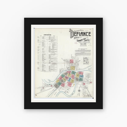 Old map wall art mockup — black gallery frame with white mat — Sanborn Fire Insurance Map from Defiance, Defiance County, Ohio (1911), Sheet #0001