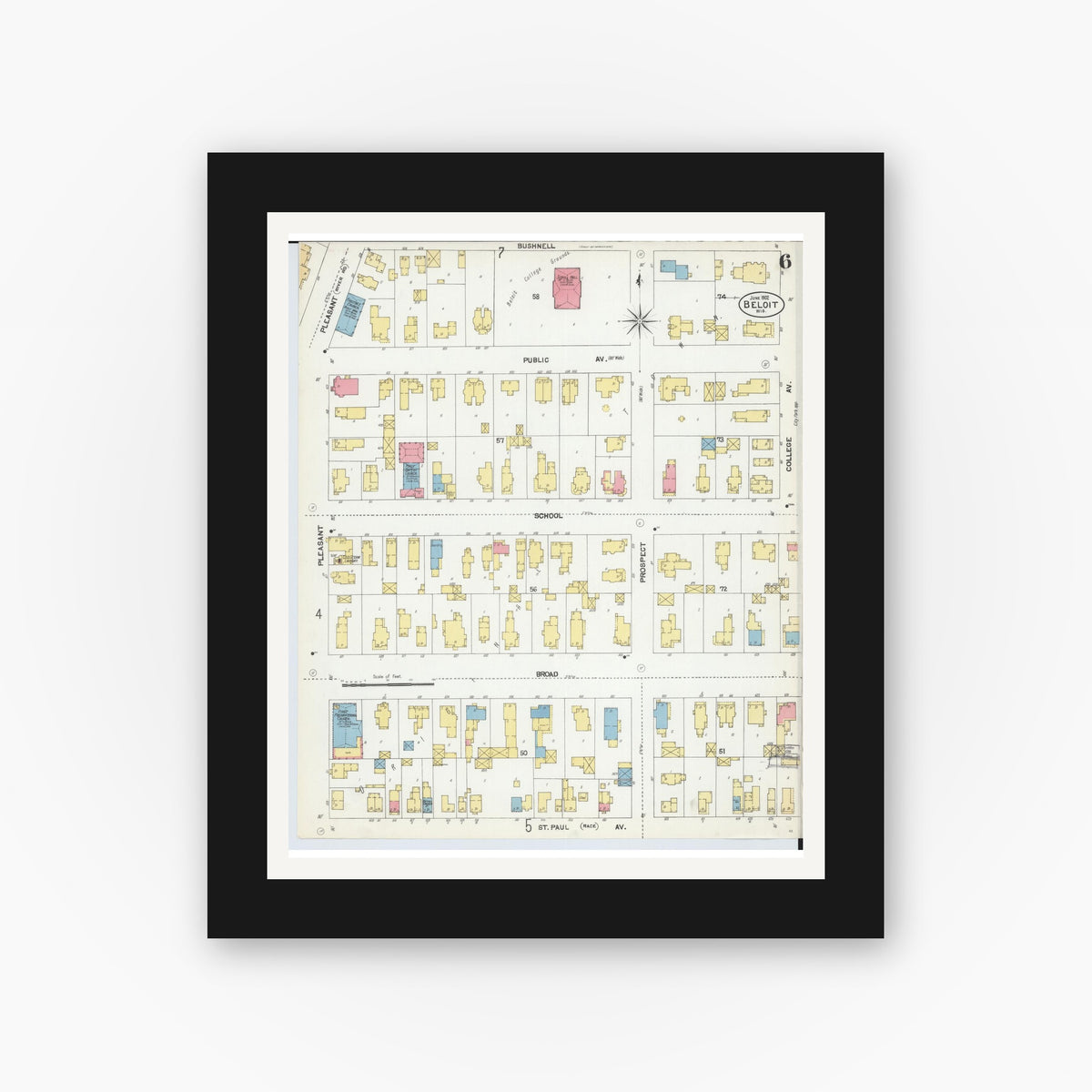 Old map wall art mockup — black gallery frame with white mat — Sanborn Fire Insurance Map from Beloit, Rock County, Wisconsin (1902), Sheet #0006