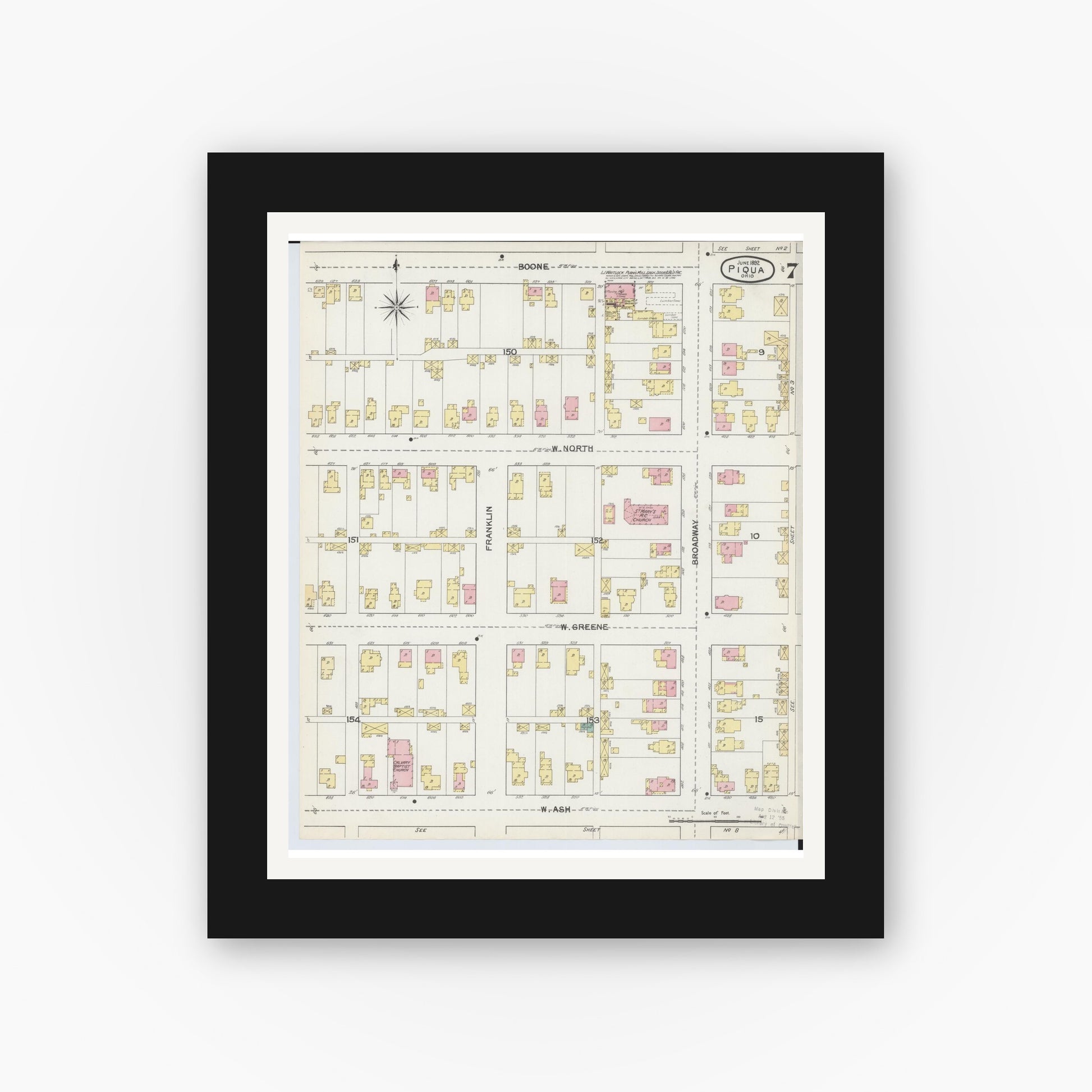 Old map wall art mockup — black gallery frame with white mat — Sanborn Fire Insurance Map from Piqua, Miami County, Ohio (1892), Sheet #0007