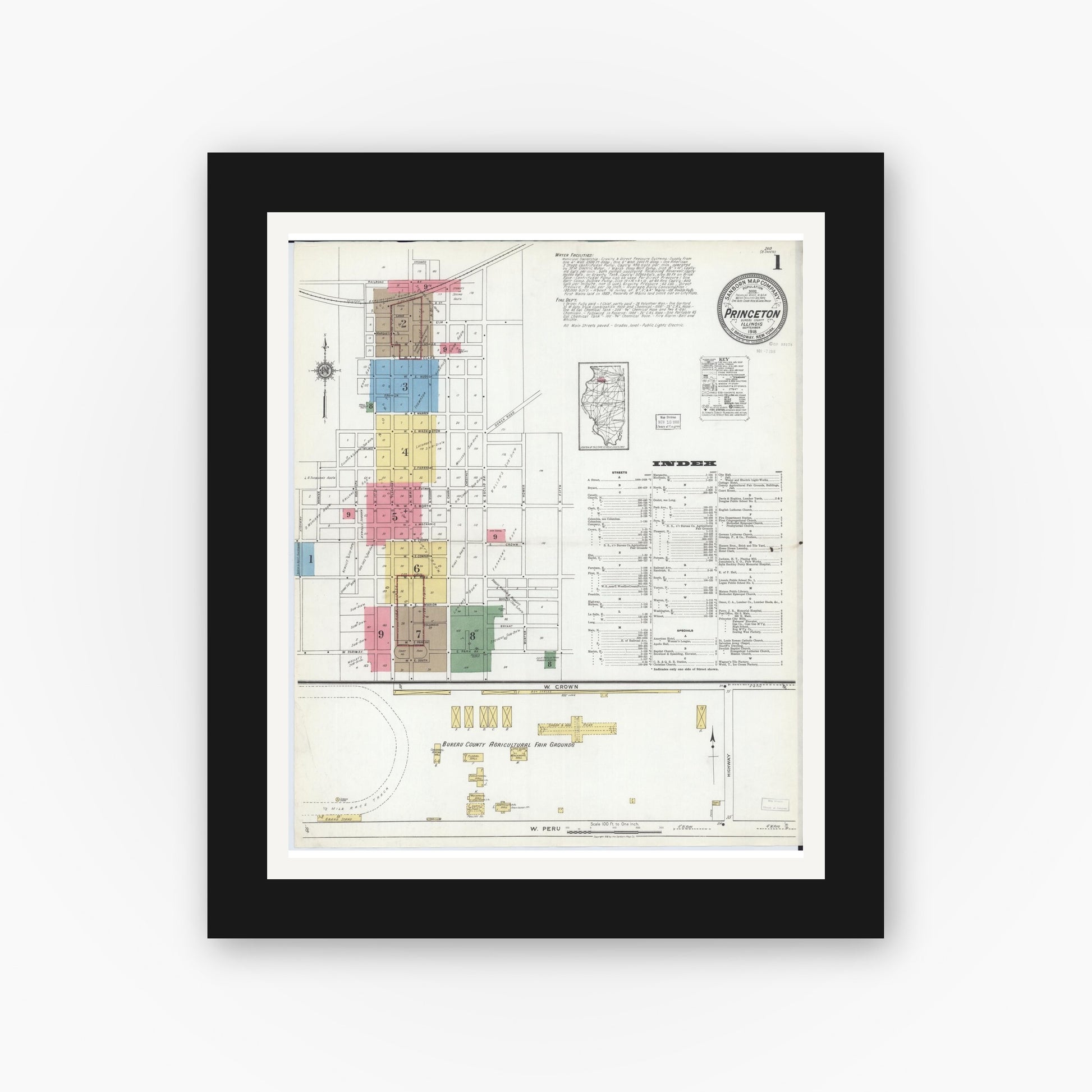 Old map wall art mockup — black gallery frame with white mat — Sanborn Fire Insurance Map from Princeton, Bureau County, Illinois (1918) - Complete Map Set