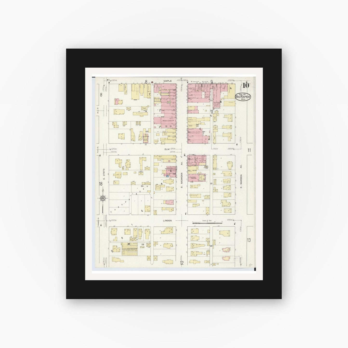 Old map wall art mockup — black gallery frame with white mat — Sanborn Fire Insurance Map from Big Rapids, Mecosta County, Michigan (1914), Sheet #0010