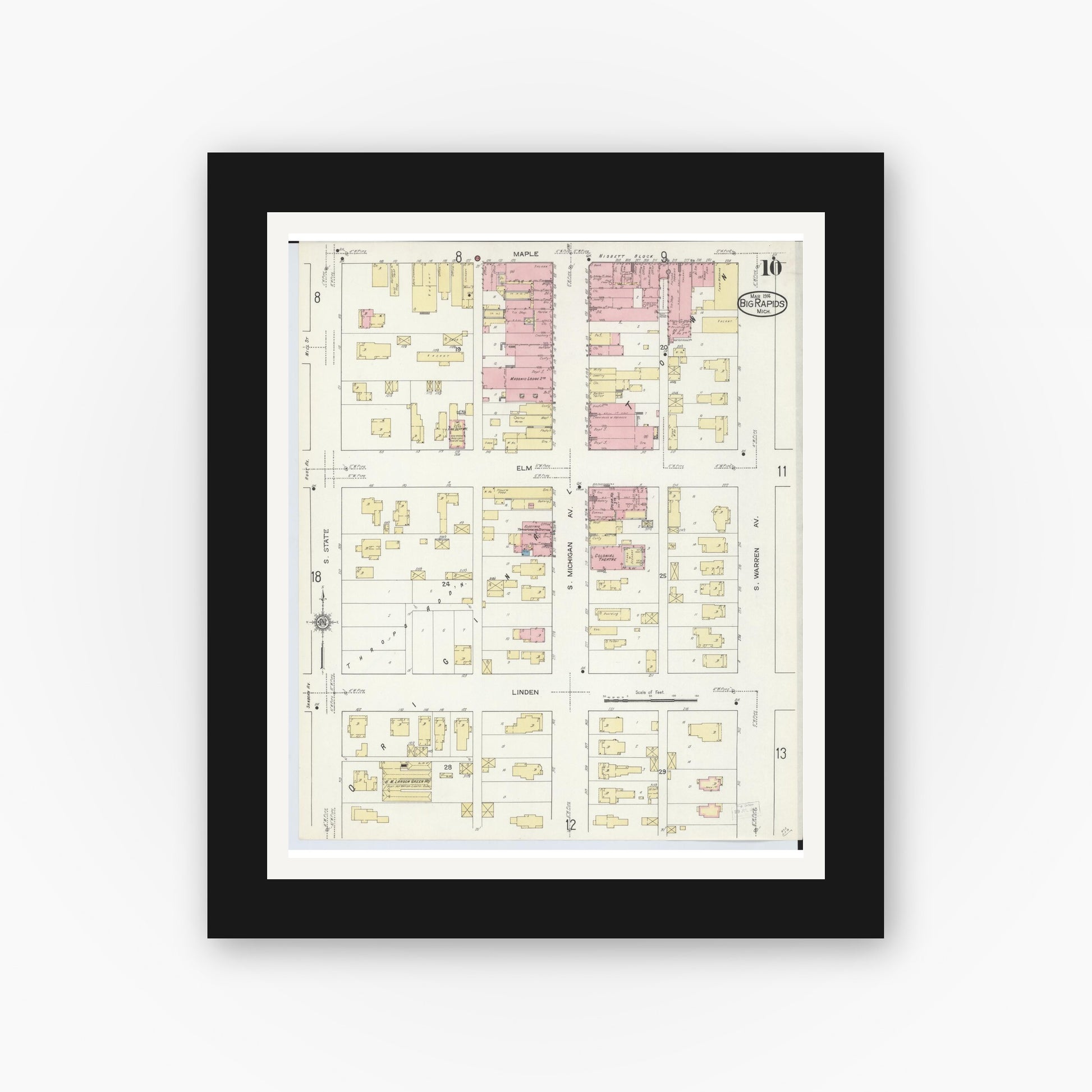 Old map wall art mockup — black gallery frame with white mat — Sanborn Fire Insurance Map from Big Rapids, Mecosta County, Michigan (1914), Sheet #0010