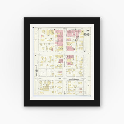 Old map wall art mockup — black gallery frame with white mat — Sanborn Fire Insurance Map from Big Rapids, Mecosta County, Michigan (1914), Sheet #0010