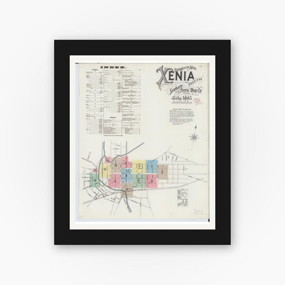 Old map wall art mockup — black gallery frame with white mat — Sanborn Fire Insurance Map from Xenia, Greene County, Ohio (1895) - Complete Map Set