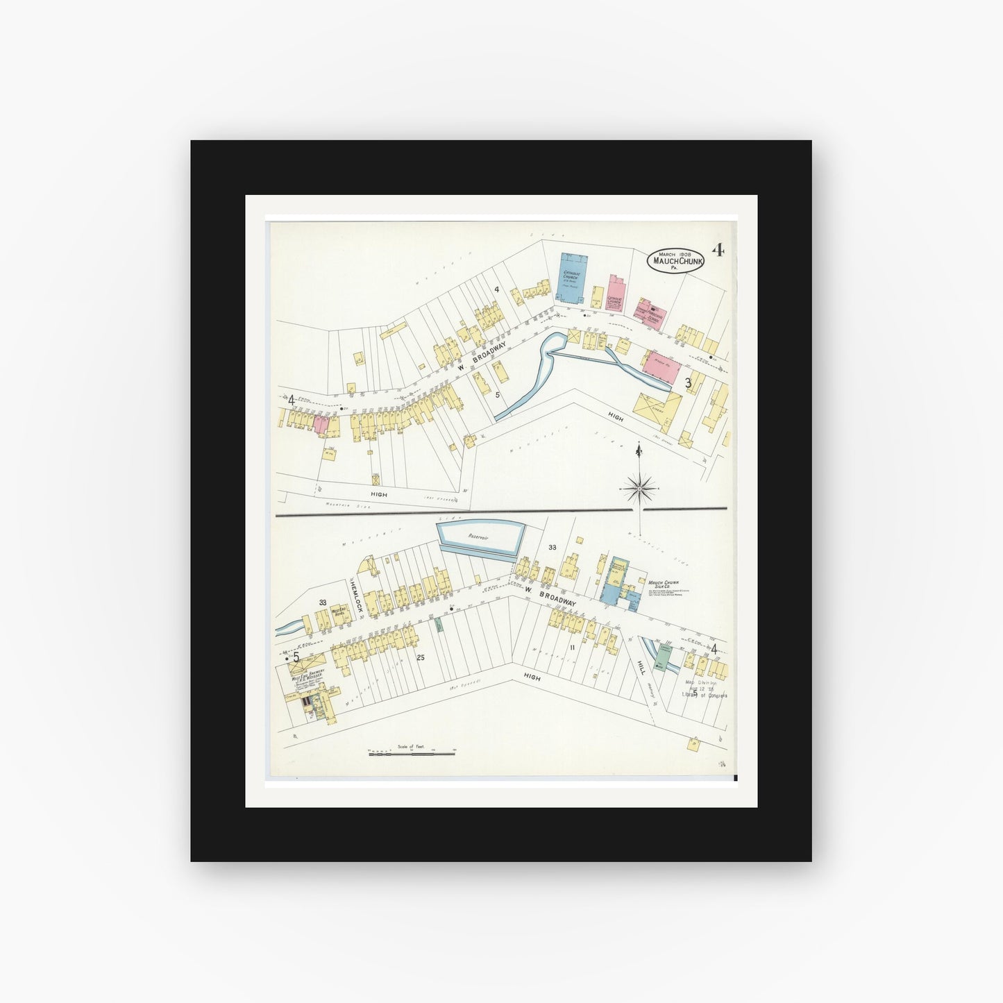 Old map wall art mockup — black gallery frame with white mat — Sanborn Fire Insurance Map from Mauch Chunk, Carbon County, Pennsylvania (1908), Sheet #0004