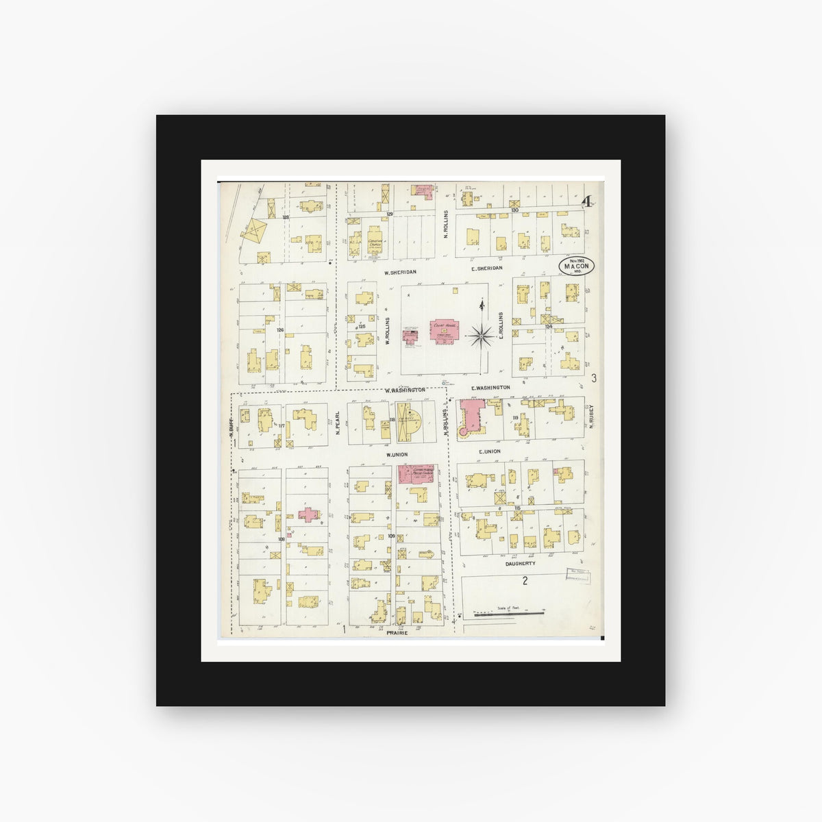 Old map wall art mockup — black gallery frame with white mat — Sanborn Fire Insurance Map from Macon, Macon County, Missouri (1902), Sheet #0004