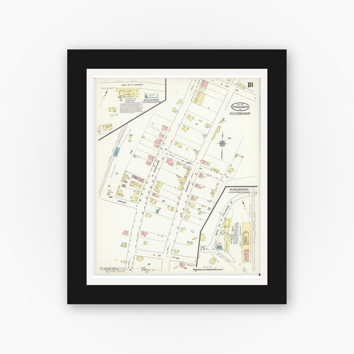 Old map wall art mockup — black gallery frame with white mat — Sanborn Fire Insurance Map from Stroudsburg, Monroe County, Pennsylvania (1912), Sheet #0018