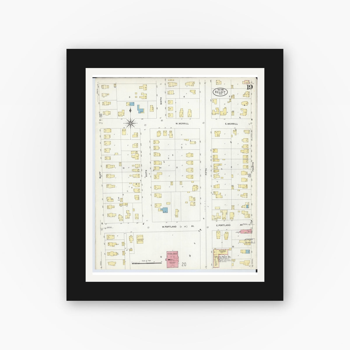 Old map wall art mockup — black gallery frame with white mat — Sanborn Fire Insurance Map from Beloit, Rock County, Wisconsin (1908), Sheet #0019