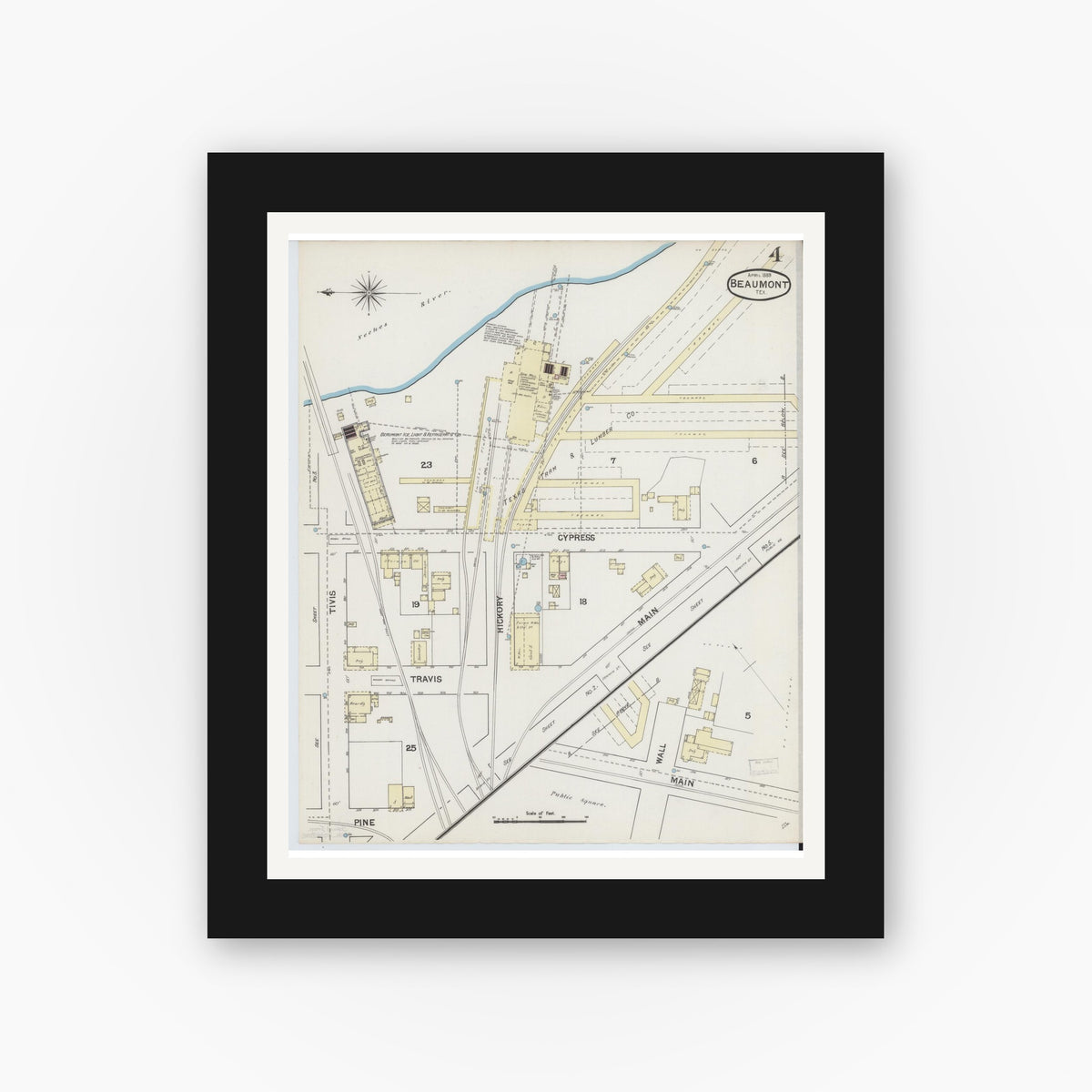 Old map wall art mockup — black gallery frame with white mat — Sanborn Fire Insurance Map from Beaumont, Jefferson County, Texas (1889), Sheet #0004