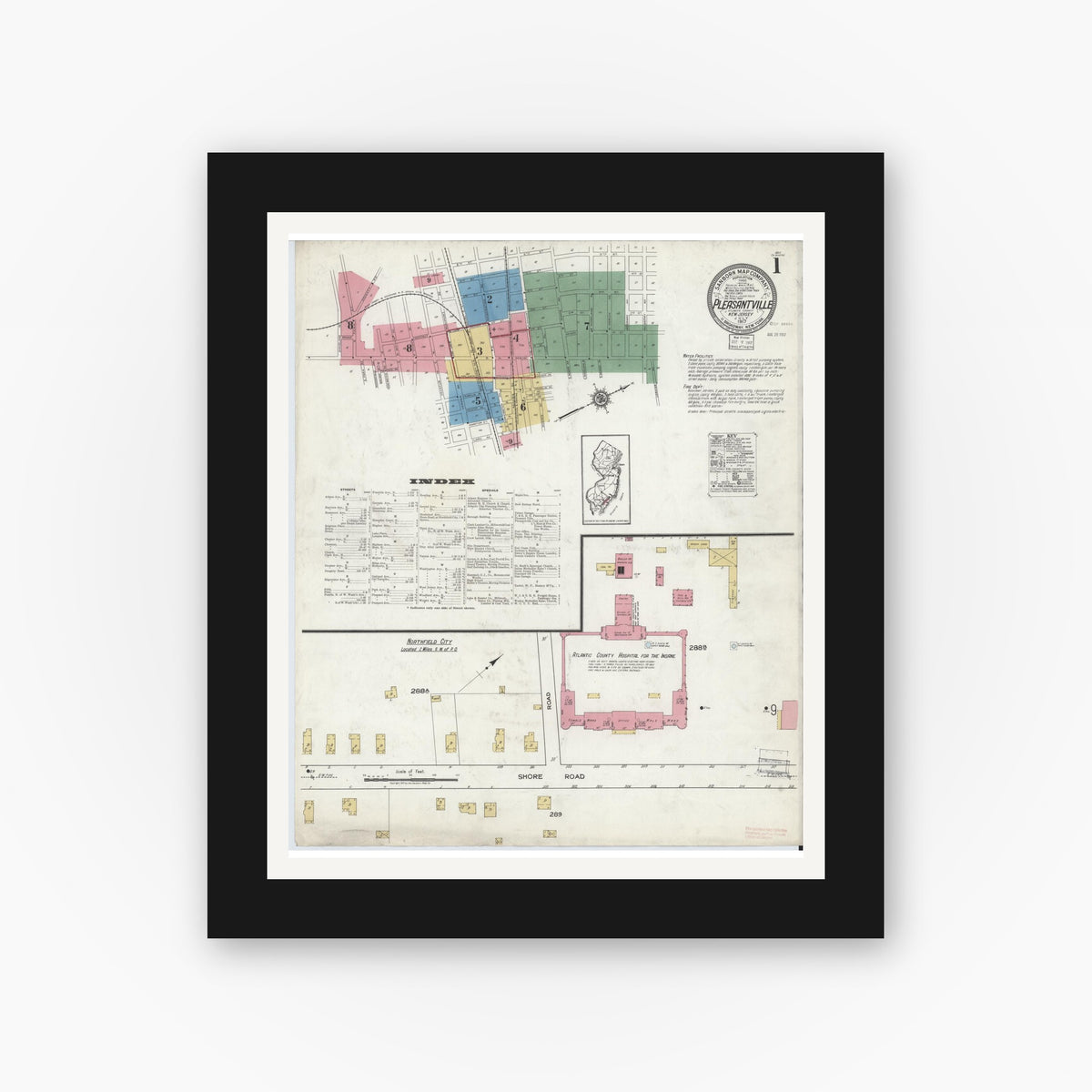 Old map wall art mockup — black gallery frame with white mat — Sanborn Fire Insurance Map from Pleasantville, Atlantic County, New Jersey (1917) - Complete Map Set