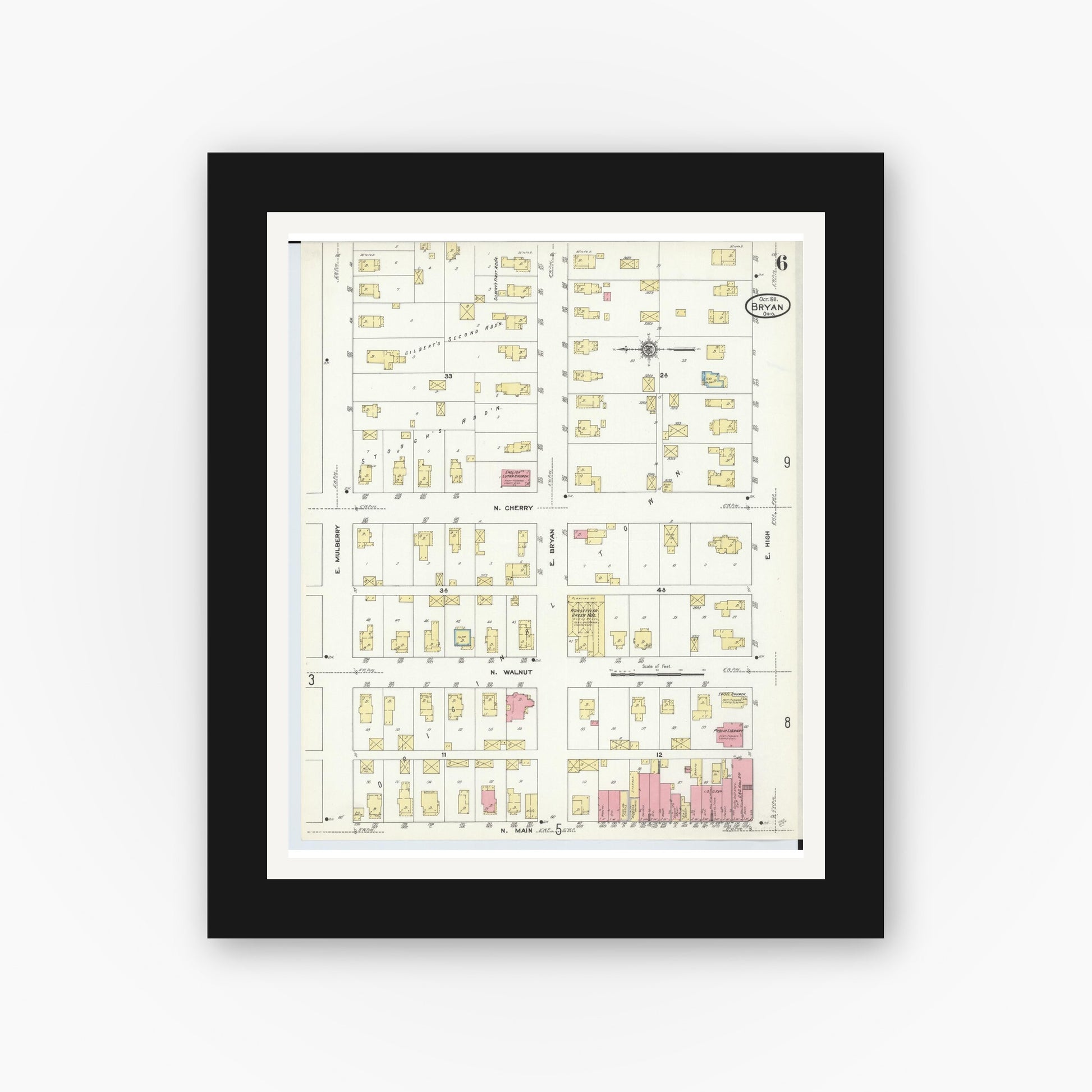 Old map wall art mockup — black gallery frame with white mat — Sanborn Fire Insurance Map from Bryan, Williams County, Ohio (1911), Sheet #0006