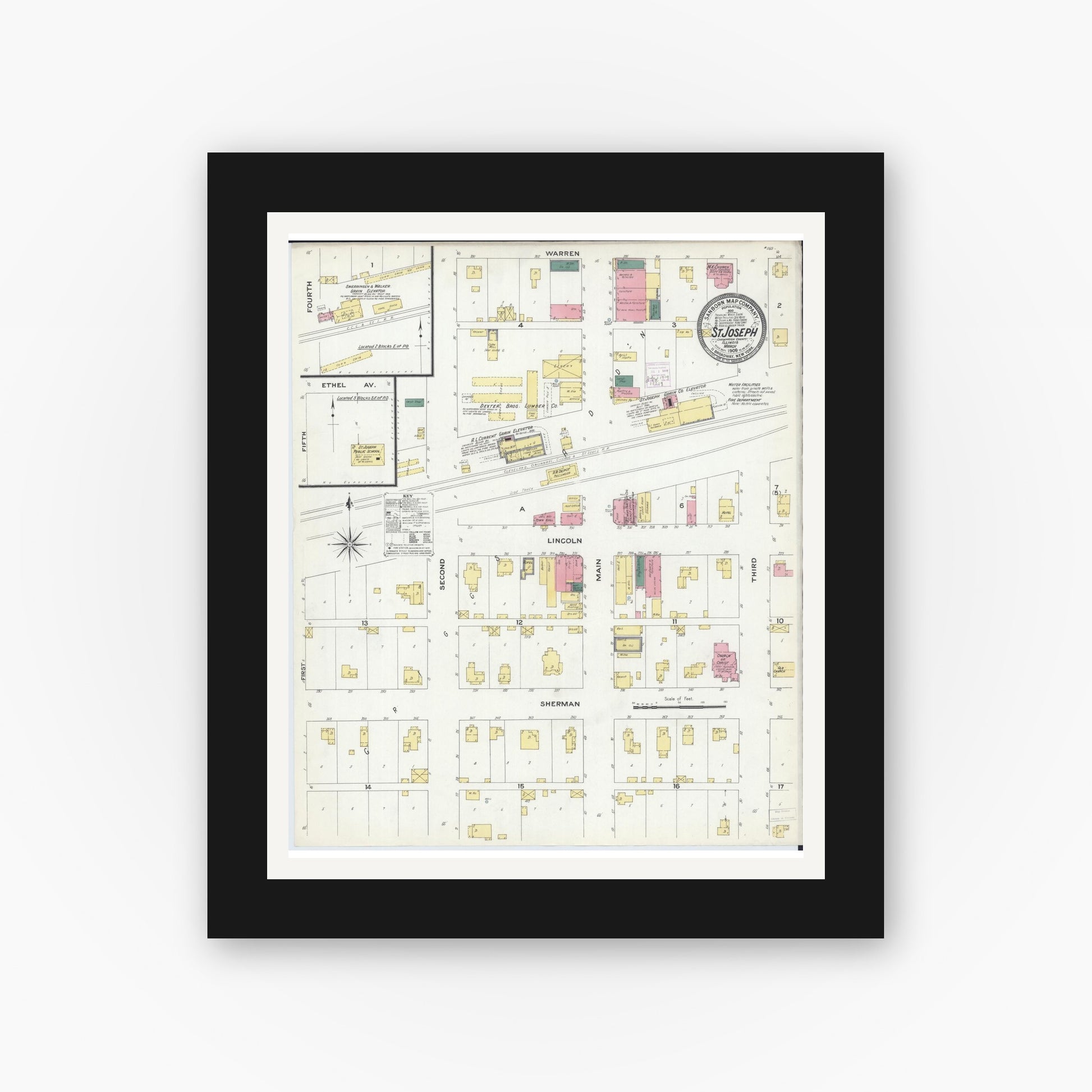 Old map wall art mockup — black gallery frame with white mat — Sanborn Fire Insurance Map from Saint Joseph, Champaign County, Illinois (1909), Sheet #0001