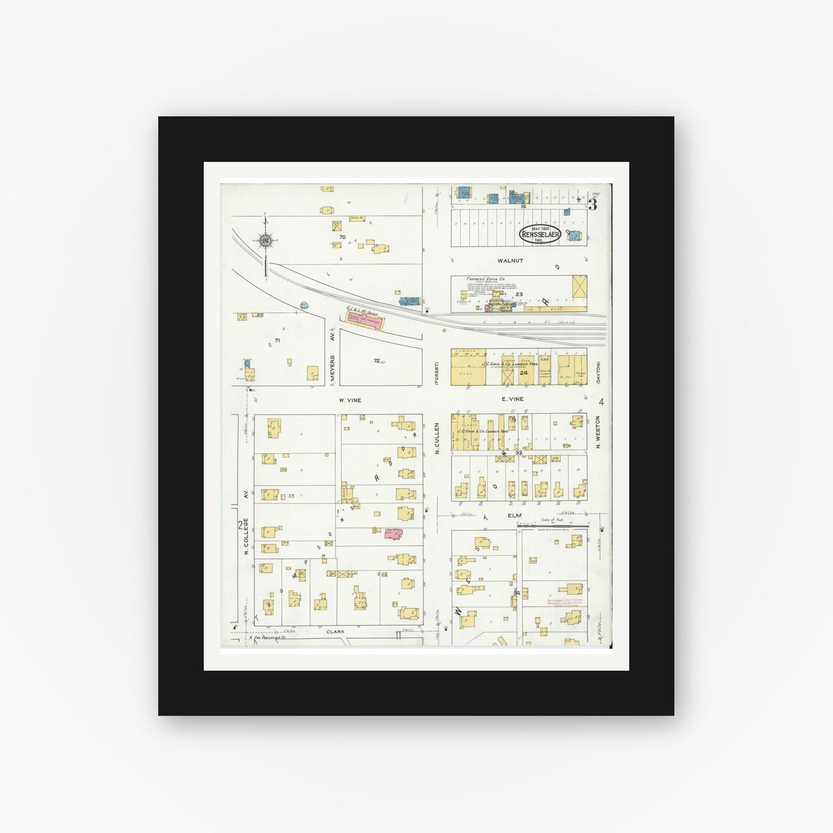 Old map wall art mockup — black gallery frame with white mat — Sanborn Fire Insurance Map from Rensselaer, Jasper County, Indiana (1921), Sheet #0003