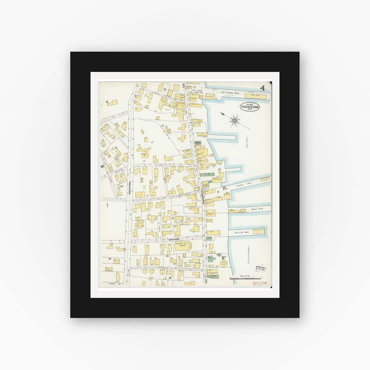 Old map wall art mockup — black gallery frame with white mat — Sanborn Fire Insurance Map from Provincetown, Barnstable County, Massachusetts (1902), Sheet #0004