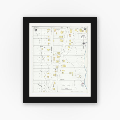Old map wall art mockup — black gallery frame with white mat — Sanborn Fire Insurance Map from Waupaca, Waupaca County, Wisconsin (1924), Sheet #0013