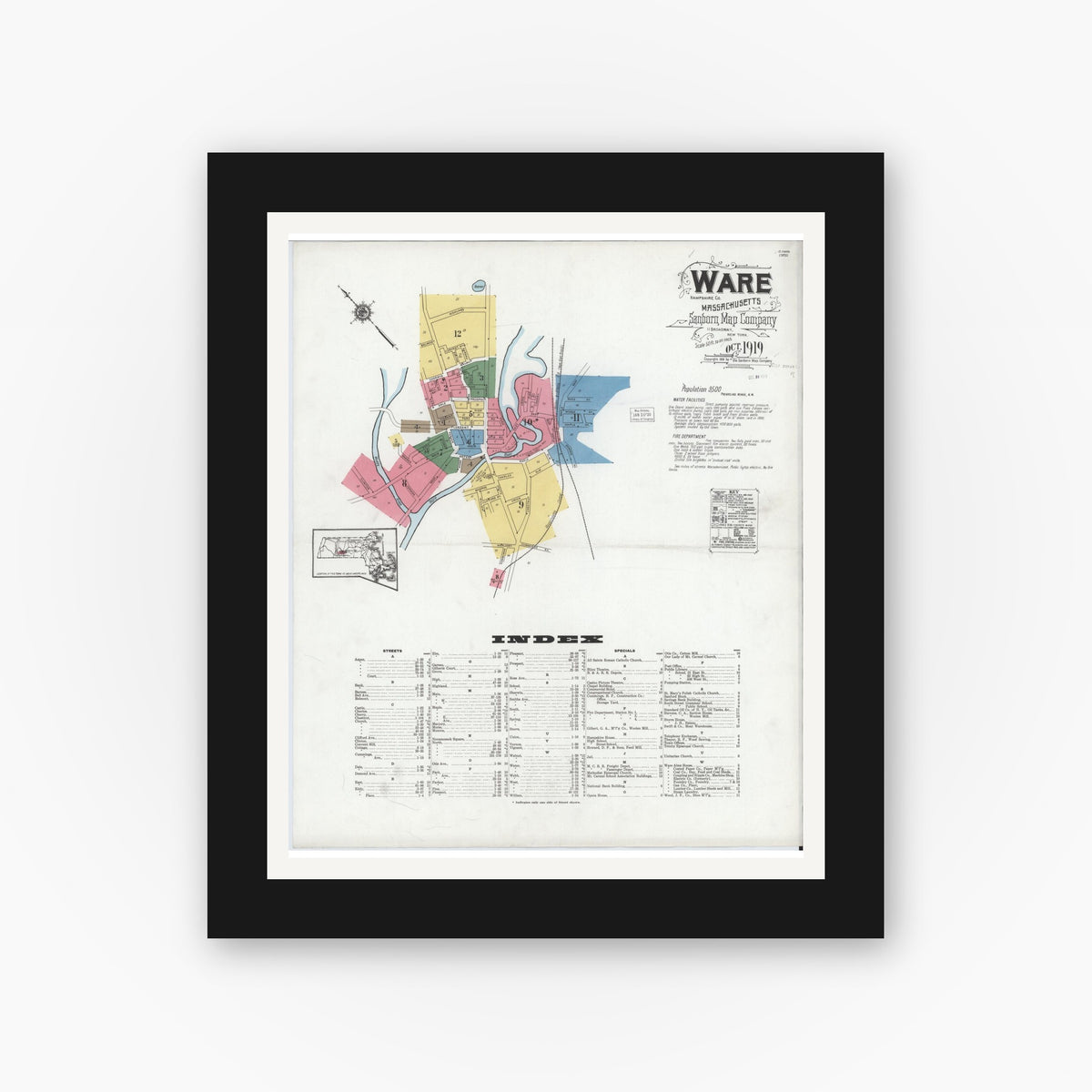 Old map wall art mockup — black gallery frame with white mat — Sanborn Fire Insurance Map from Ware, Hampshire County, Massachusetts (1919), Sheet #0001
