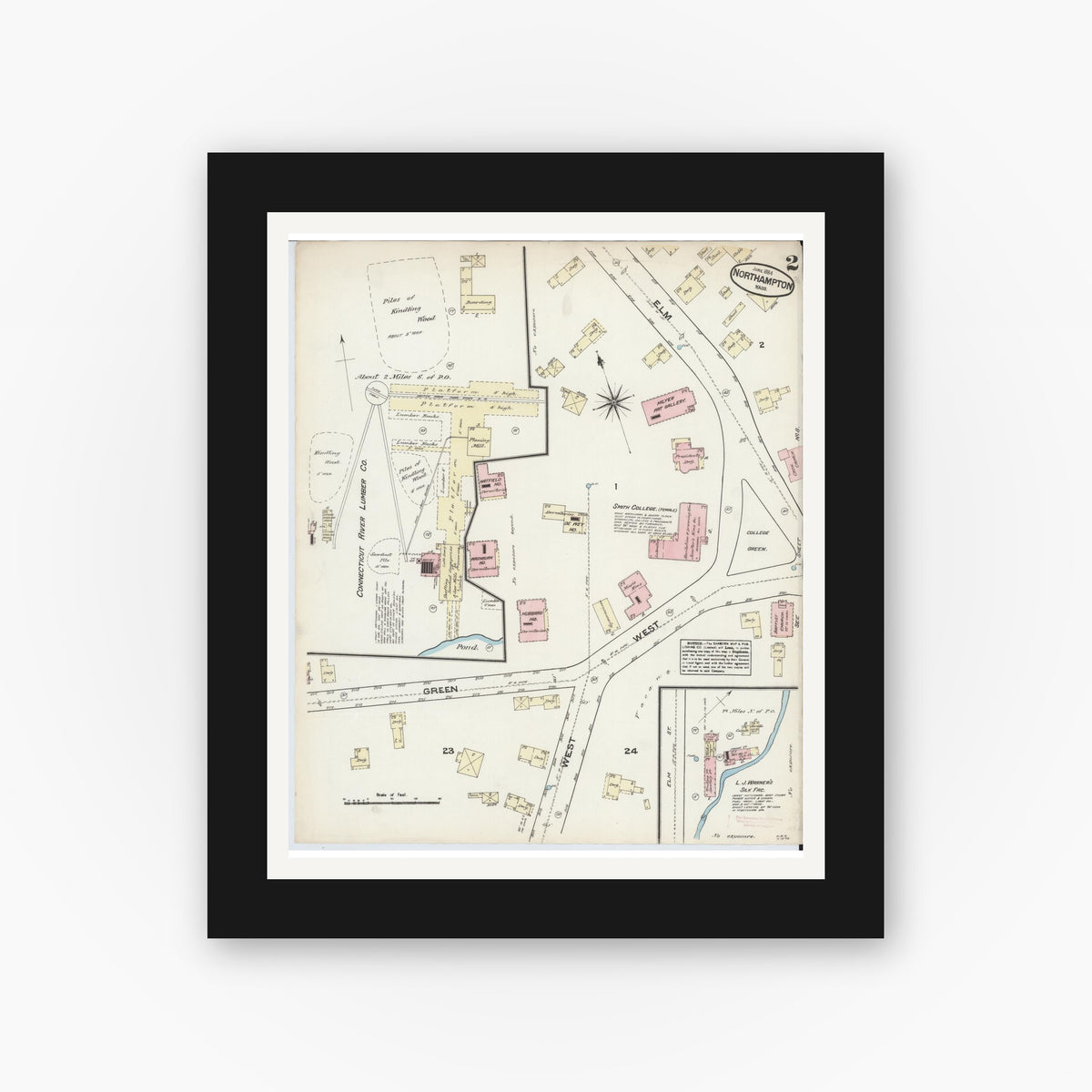 Old map wall art mockup — black gallery frame with white mat — Sanborn Fire Insurance Map from Northampton, Hampshire County, Massachusetts (1884), Sheet #0002