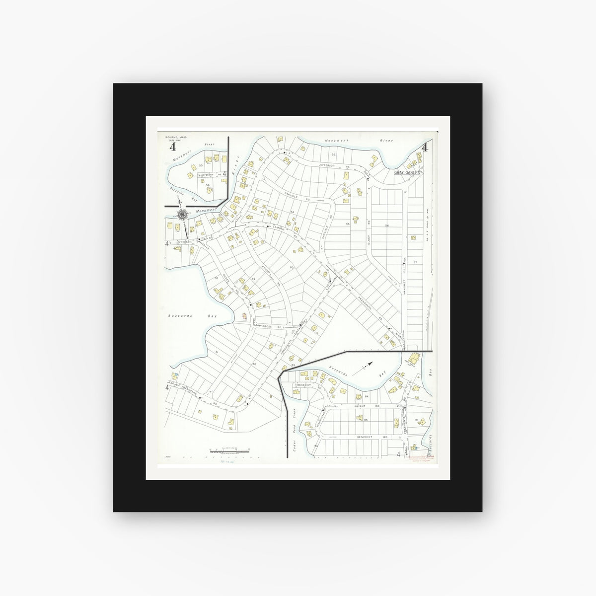 Old map wall art mockup — black gallery frame with white mat — Sanborn Fire Insurance Map from Bourne, Barnstable County, Massachusetts (1941), Sheet #0004