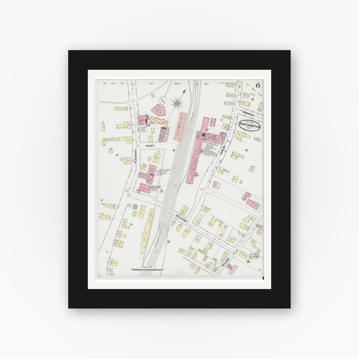 Old map wall art mockup — black gallery frame with white mat — Sanborn Fire Insurance Map from Northampton, Hampshire County, Massachusetts (1889), Sheet #0006
