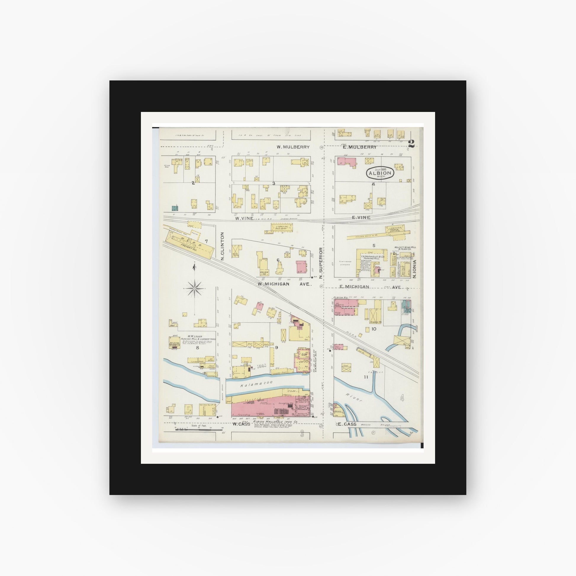 Old map wall art mockup — black gallery frame with white mat — Sanborn Fire Insurance Map from Albion, Calhoun County, Michigan (1893), Sheet #0002