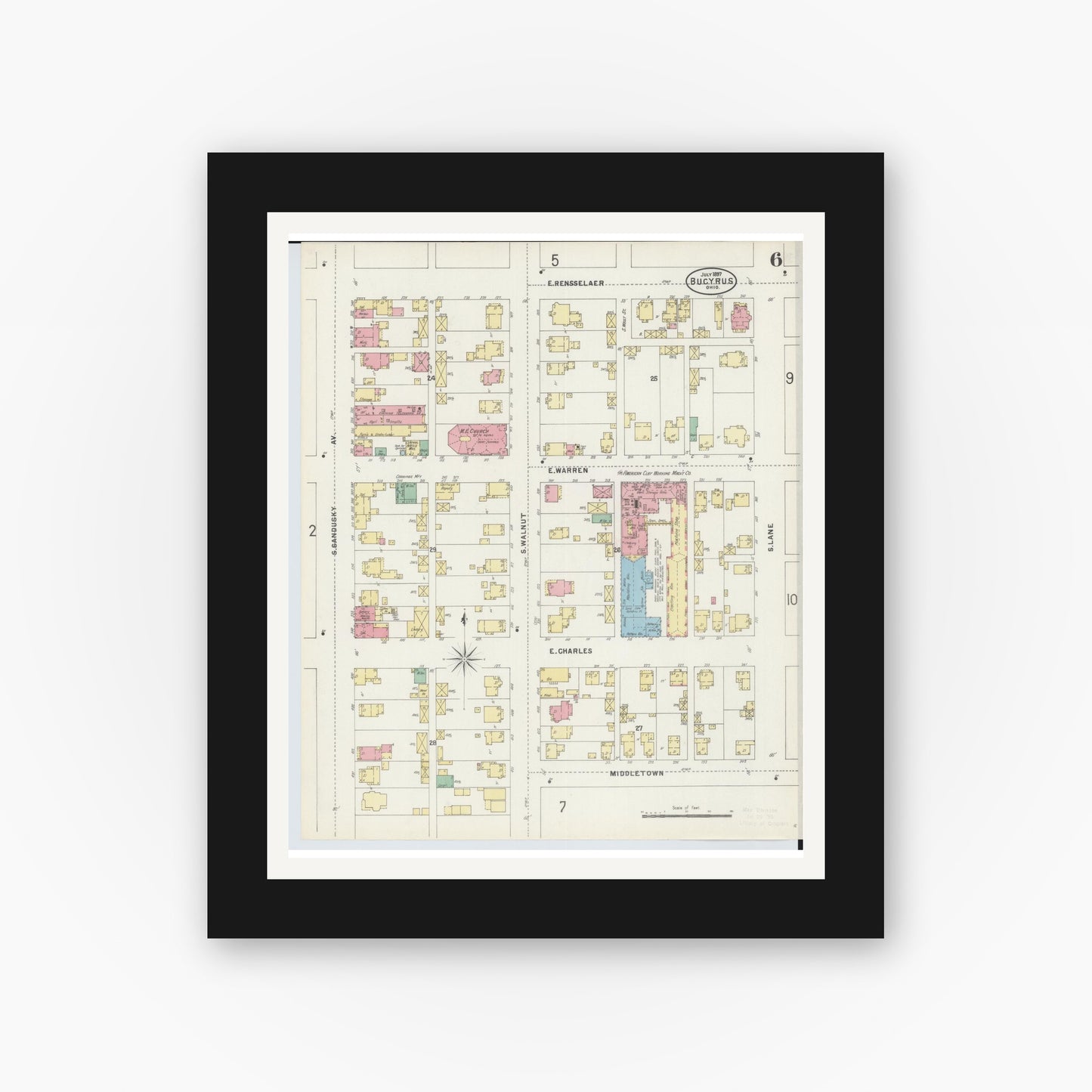 Old map wall art mockup — black gallery frame with white mat — Sanborn Fire Insurance Map from Bucyrus, Crawford County, Ohio (1897), Sheet #0006