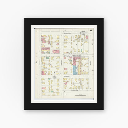Old map wall art mockup — black gallery frame with white mat — Sanborn Fire Insurance Map from Bucyrus, Crawford County, Ohio (1897), Sheet #0006