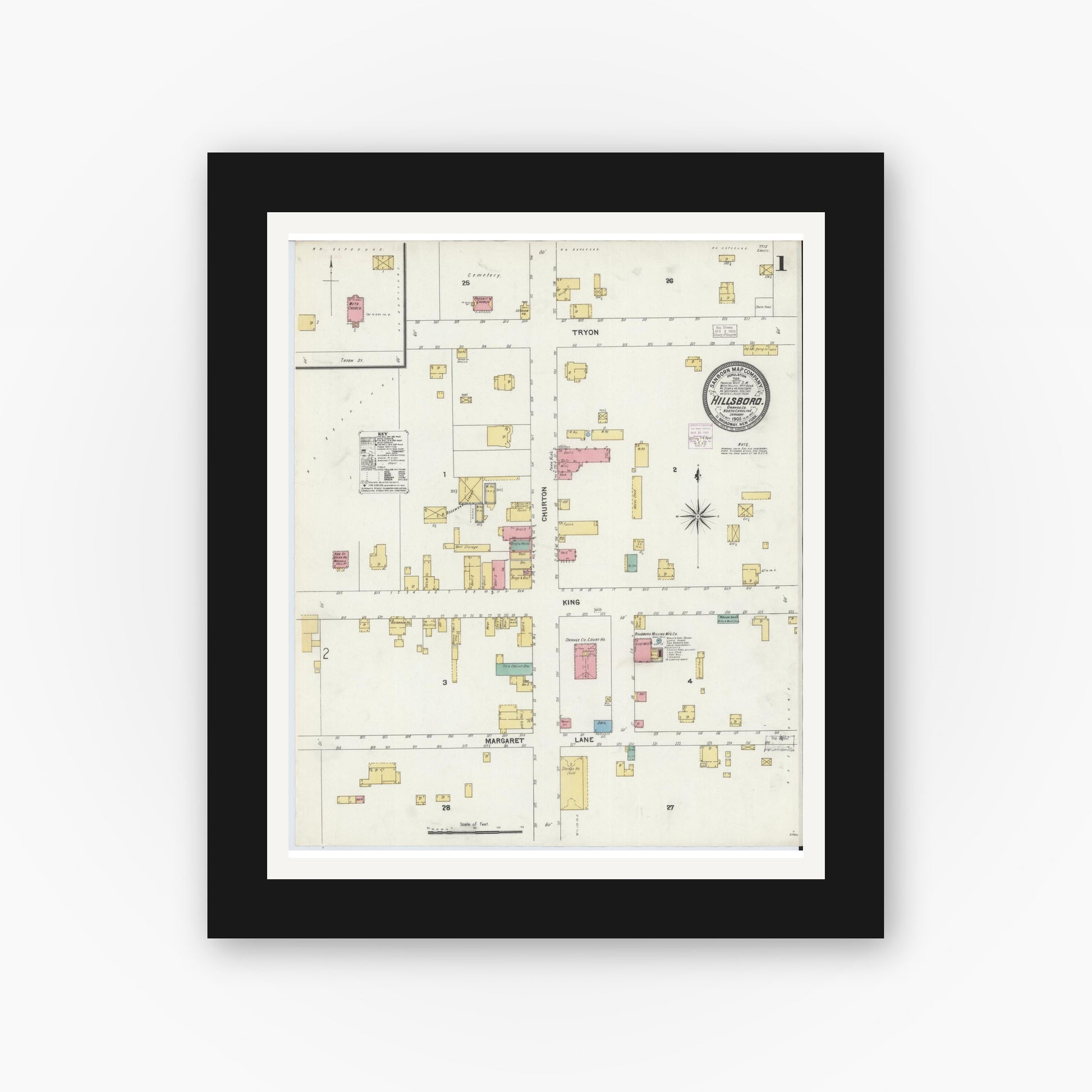 Old map wall art mockup — black gallery frame with white mat — Sanborn Fire Insurance Map from Hillsboro, Orange County, North Carolina (1905), Sheet #0001