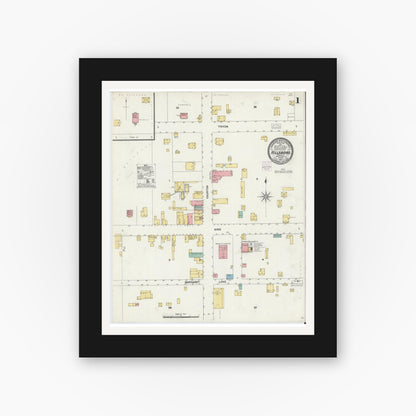Old map wall art mockup — black gallery frame with white mat — Sanborn Fire Insurance Map from Hillsboro, Orange County, North Carolina (1905), Sheet #0001