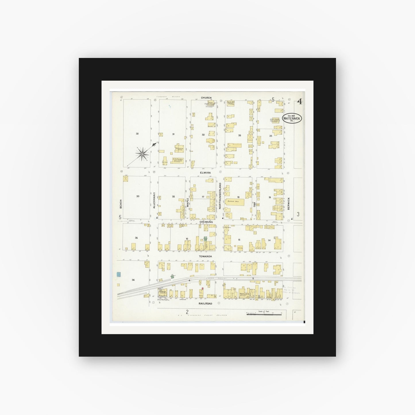 Old map wall art mockup — black gallery frame with white mat — Sanborn Fire Insurance Map from White Haven, Luzerne County, Pennsylvania (1908), Sheet #0004
