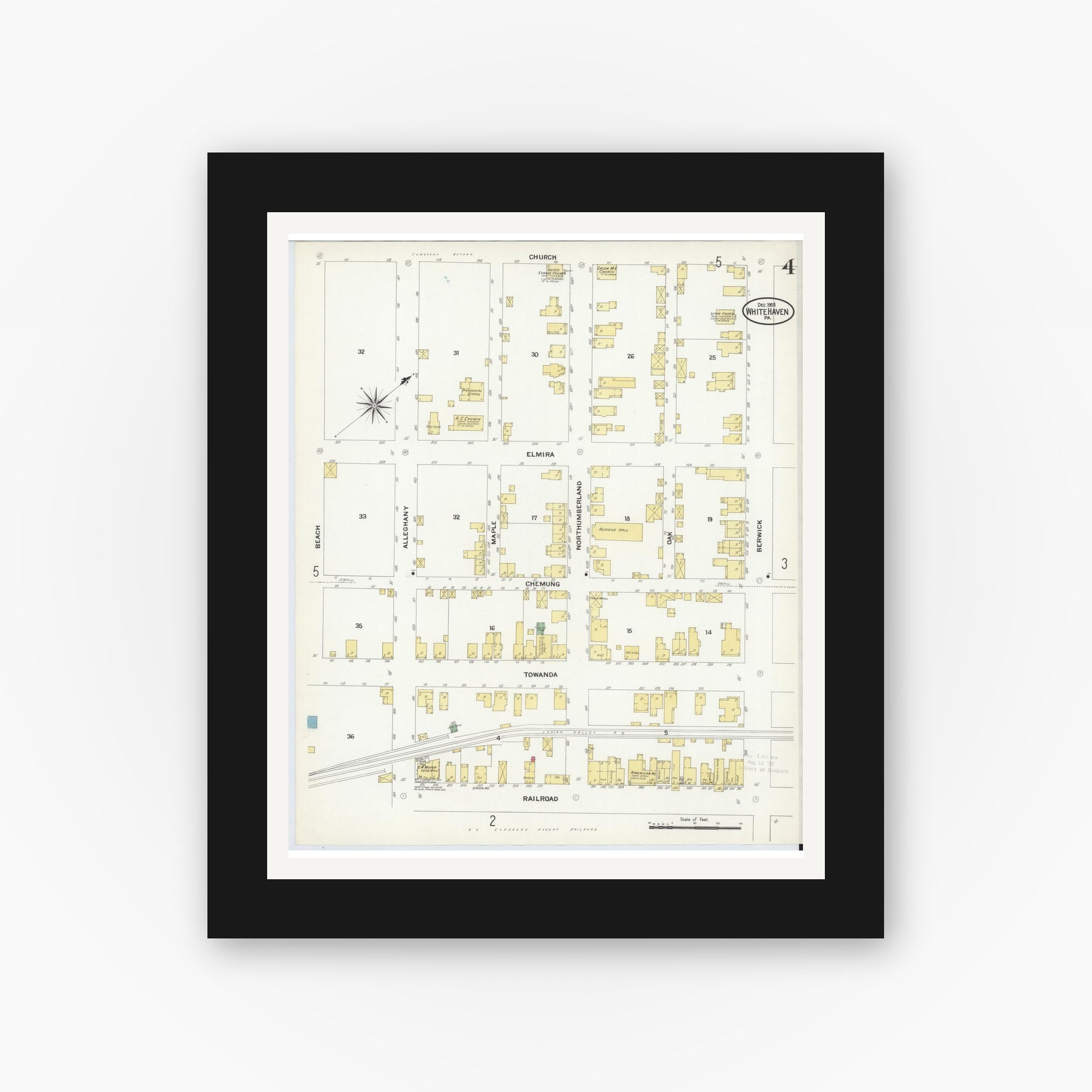 Old map wall art mockup — black gallery frame with white mat — Sanborn Fire Insurance Map from White Haven, Luzerne County, Pennsylvania (1908), Sheet #0004