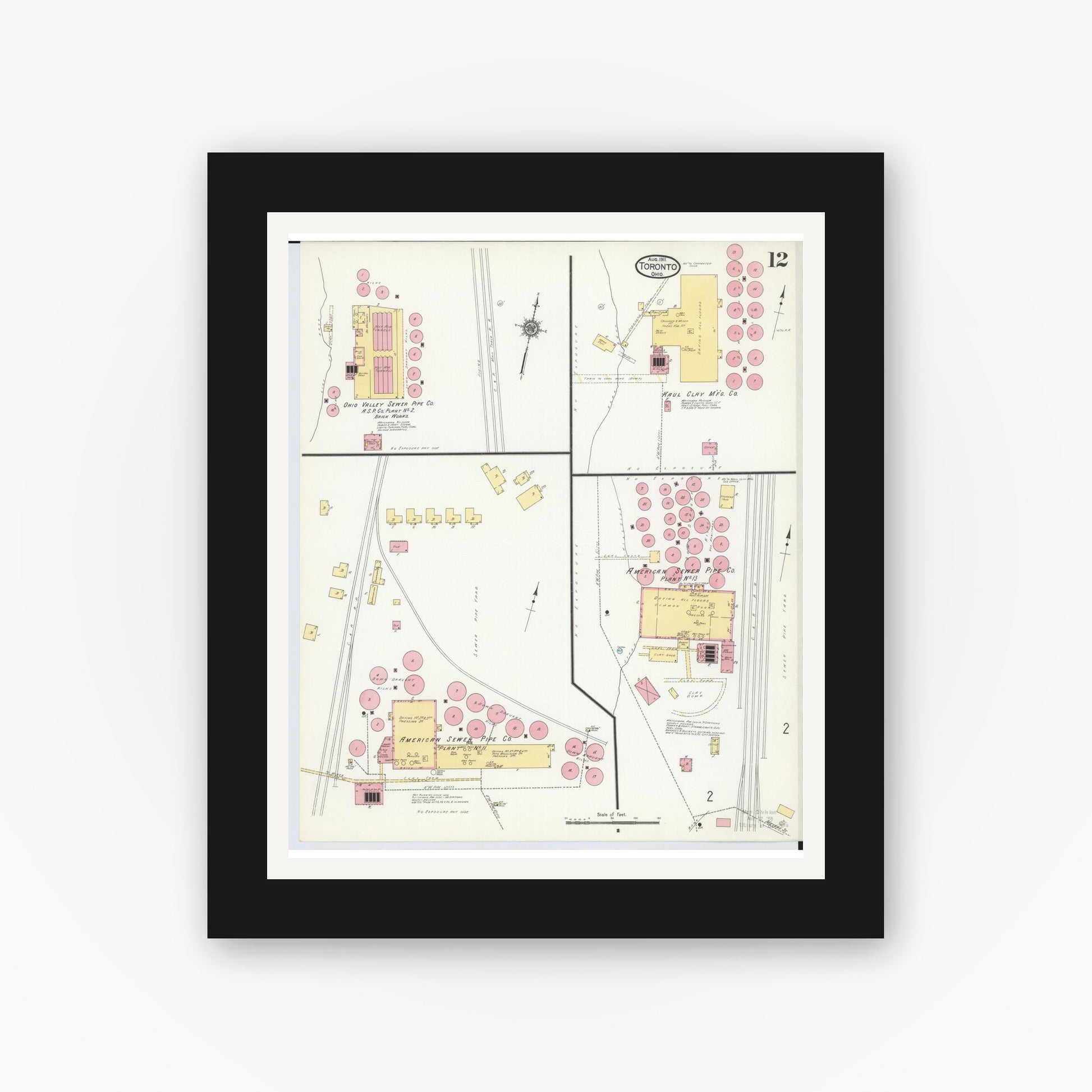 Old map wall art mockup — black gallery frame with white mat — Sanborn Fire Insurance Map from Toronto, Jefferson County, Ohio (1911), Sheet #0012