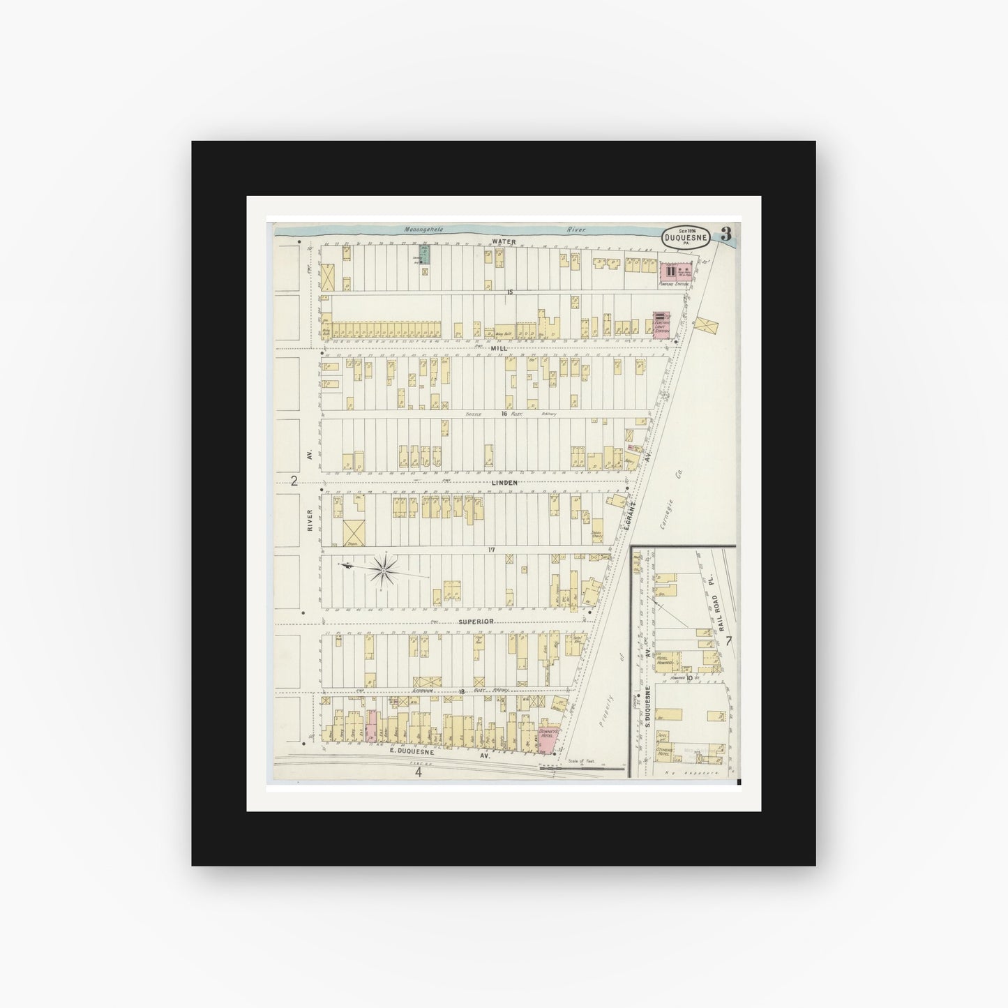Old map wall art mockup — black gallery frame with white mat — Sanborn Fire Insurance Map from Duquesne, Allegheny County, Pennsylvania (1896), Sheet #0003