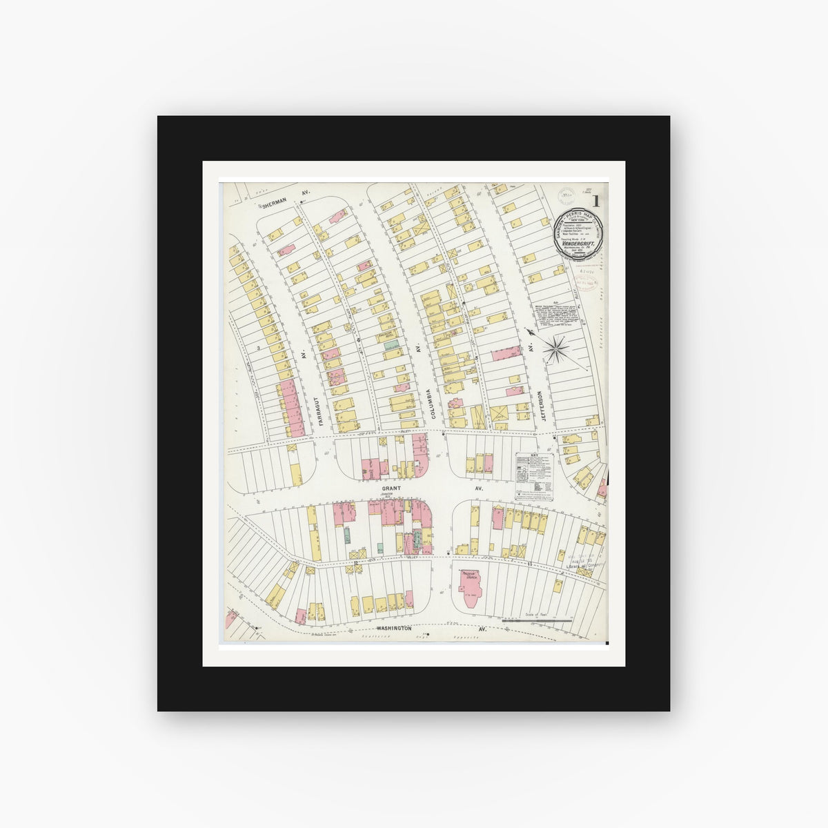 Old map wall art mockup — black gallery frame with white mat — Sanborn Fire Insurance Map from Vandergrift, Westmoreland County, Pennsylvania (1899), Sheet #0001