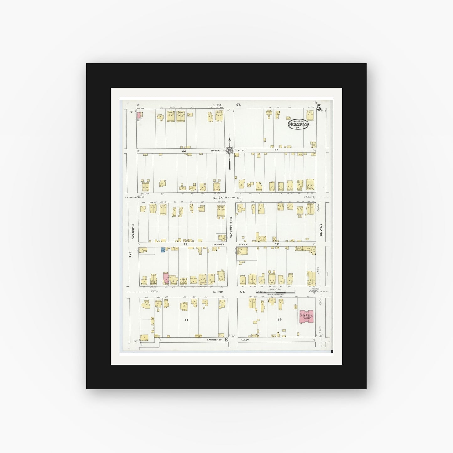 Old map wall art mockup — black gallery frame with white mat — Sanborn Fire Insurance Map from Nescopeck, Luzerne County, Pennsylvania (1919), Sheet #0005