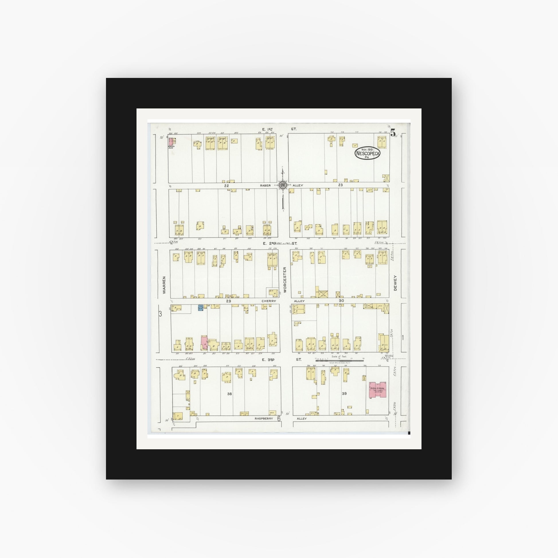Old map wall art mockup — black gallery frame with white mat — Sanborn Fire Insurance Map from Nescopeck, Luzerne County, Pennsylvania (1919), Sheet #0005