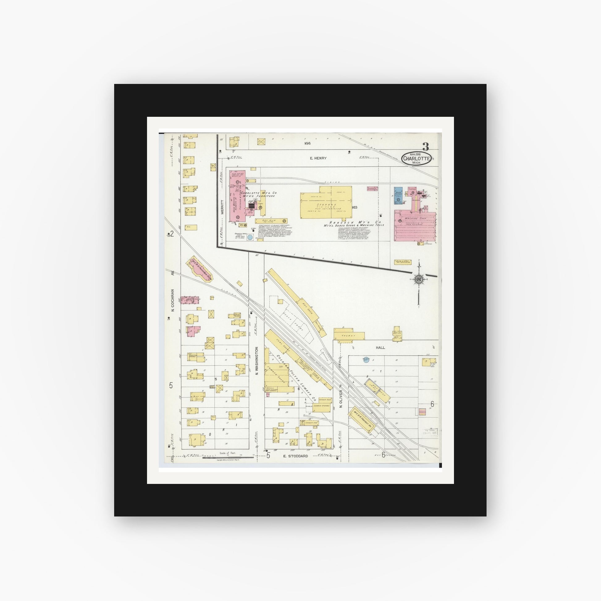 Old map wall art mockup — black gallery frame with white mat — Sanborn Fire Insurance Map from Charlotte, Eaton County, Michigan (1918), Sheet #0003