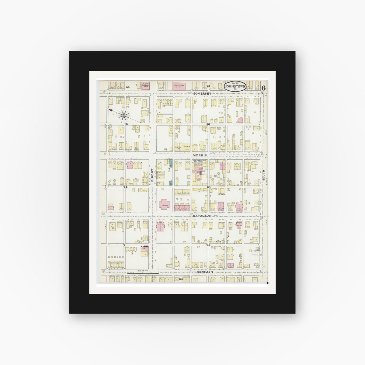 Old map wall art mockup — black gallery frame with white mat — Sanborn Fire Insurance Map from Johnstown, Cambria County, Pennsylvania (1891), Sheet #0006