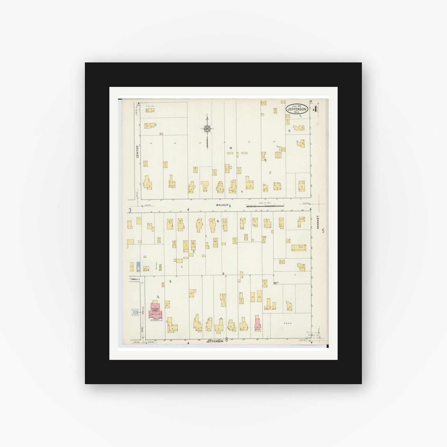 Old map wall art mockup — black gallery frame with white mat — Sanborn Fire Insurance Map from Jefferson, Ashtabula County, Ohio (1915), Sheet #0004