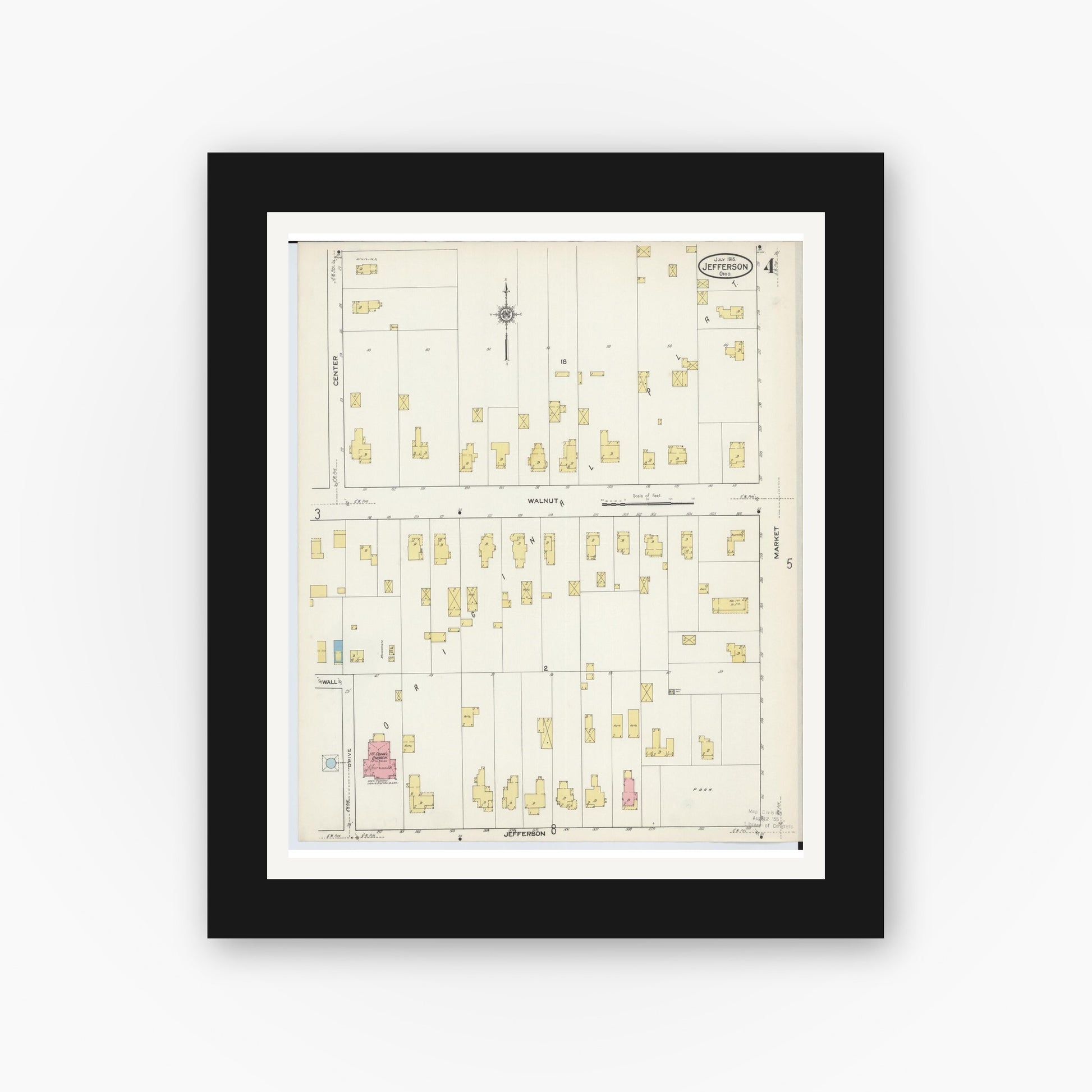 Old map wall art mockup — black gallery frame with white mat — Sanborn Fire Insurance Map from Jefferson, Ashtabula County, Ohio (1915), Sheet #0004