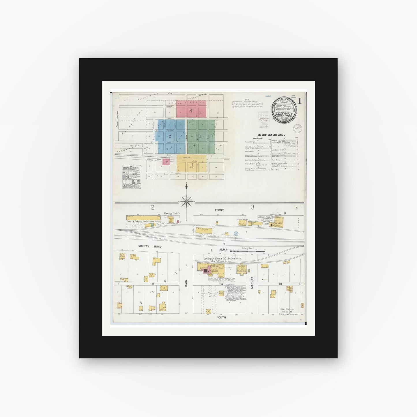 Old map wall art mockup — black gallery frame with white mat — Sanborn Fire Insurance Map from Janesville, Waseca County, Minnesota (1900), Sheet #0001