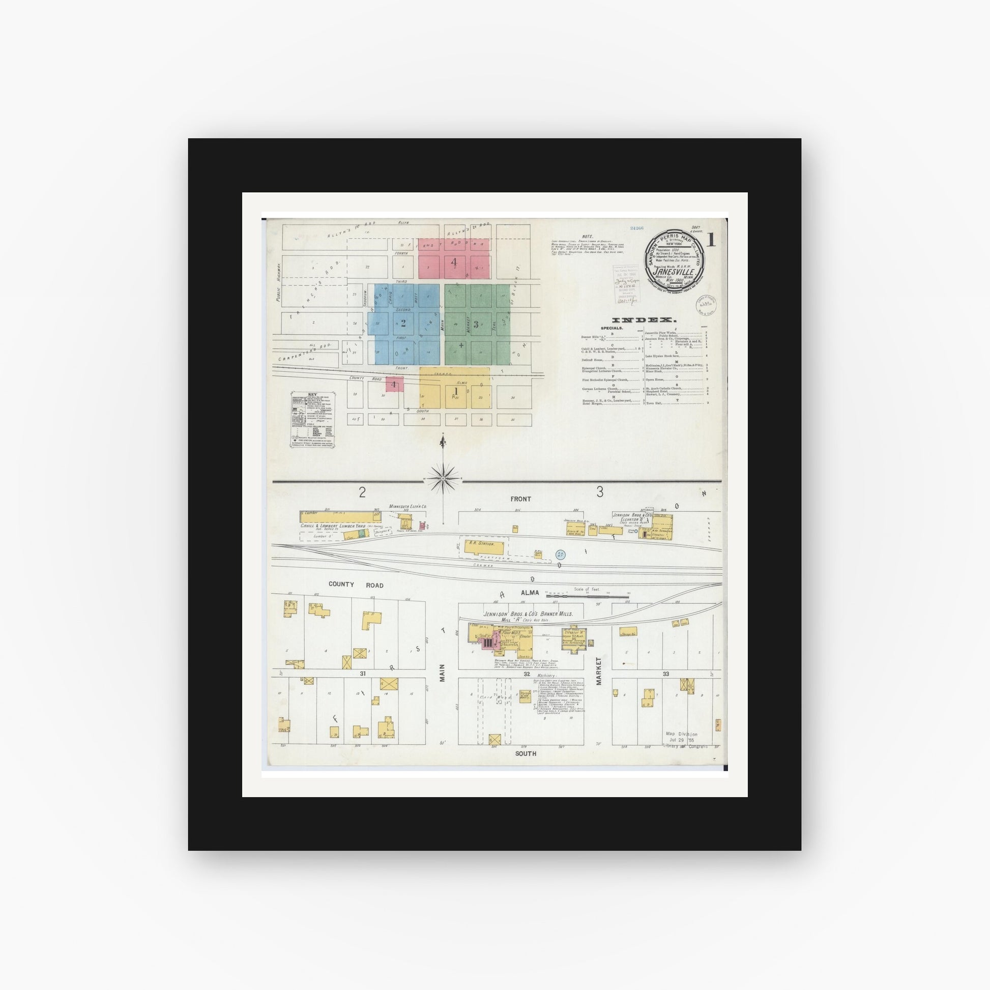 Old map wall art mockup — black gallery frame with white mat — Sanborn Fire Insurance Map from Janesville, Waseca County, Minnesota (1900), Sheet #0001